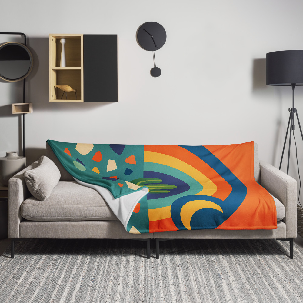 Potted Cactus with Rainbow Moon and Terrazzo Shapes — Throw Blanket