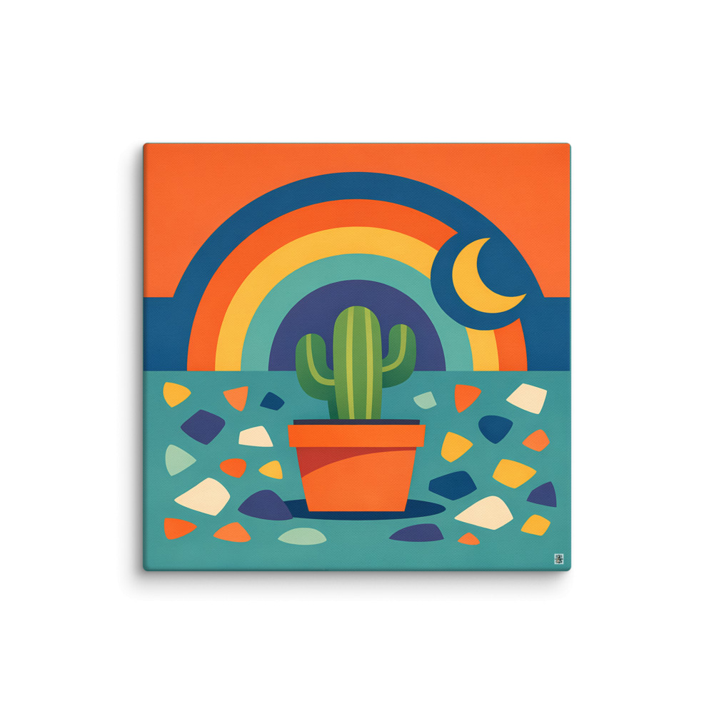 Potted Cactus with Rainbow Moon and Terrazzo Shapes — Canvas Print