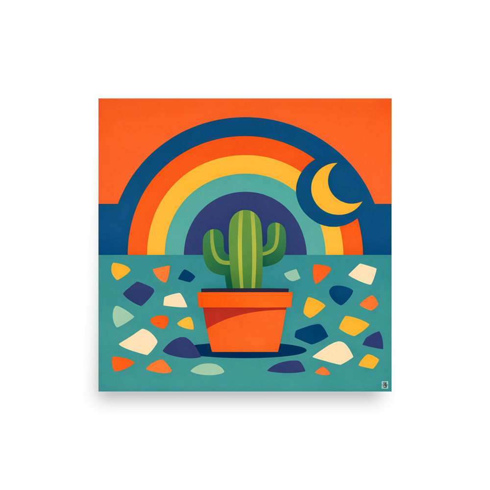 Potted Cactus with Rainbow Moon and Terrazzo Shapes — Art Print