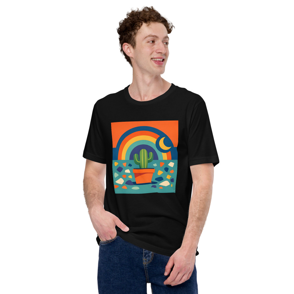 Potted Cactus with Rainbow Moon and Terrazzo Shapes — T-Shirt