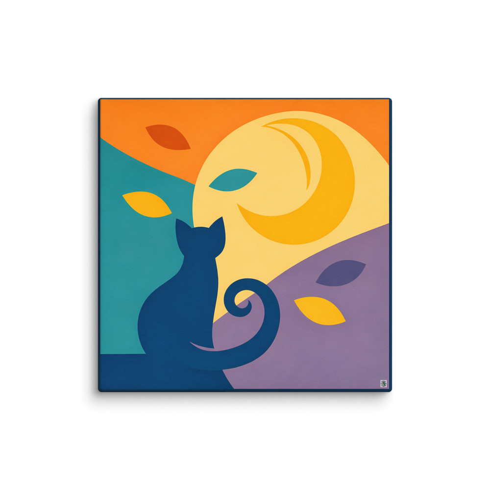 Moonlit Cat in Wavy Abstract Landscape — Canvas Print