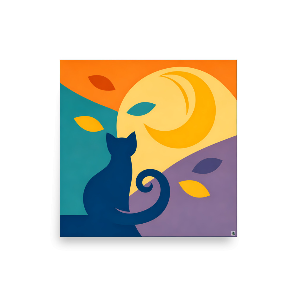 Moonlit Cat in Wavy Abstract Landscape — Art Print