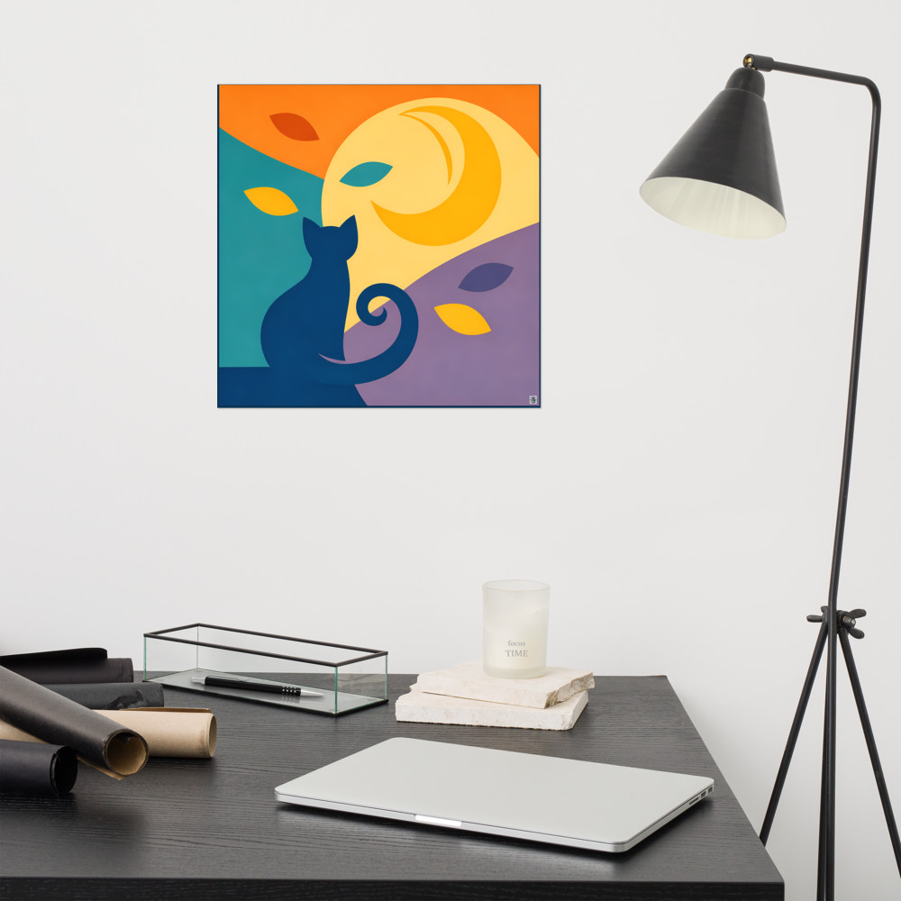 Moonlit Cat in Wavy Abstract Landscape