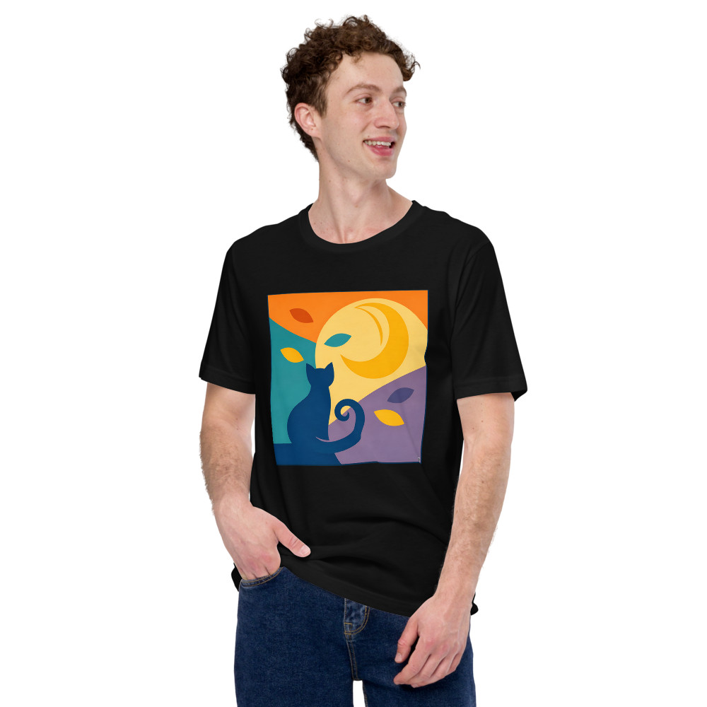 Moonlit Cat in Wavy Abstract Landscape