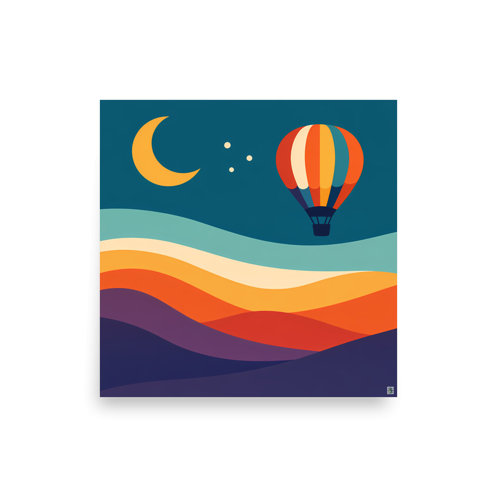 Moonlit Hot Air Balloon over Wavy Hills — Art Print