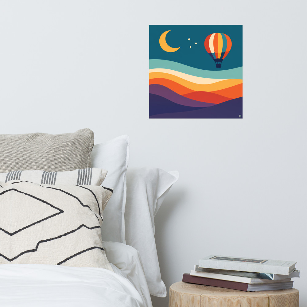 Moonlit Hot Air Balloon over Wavy Hills