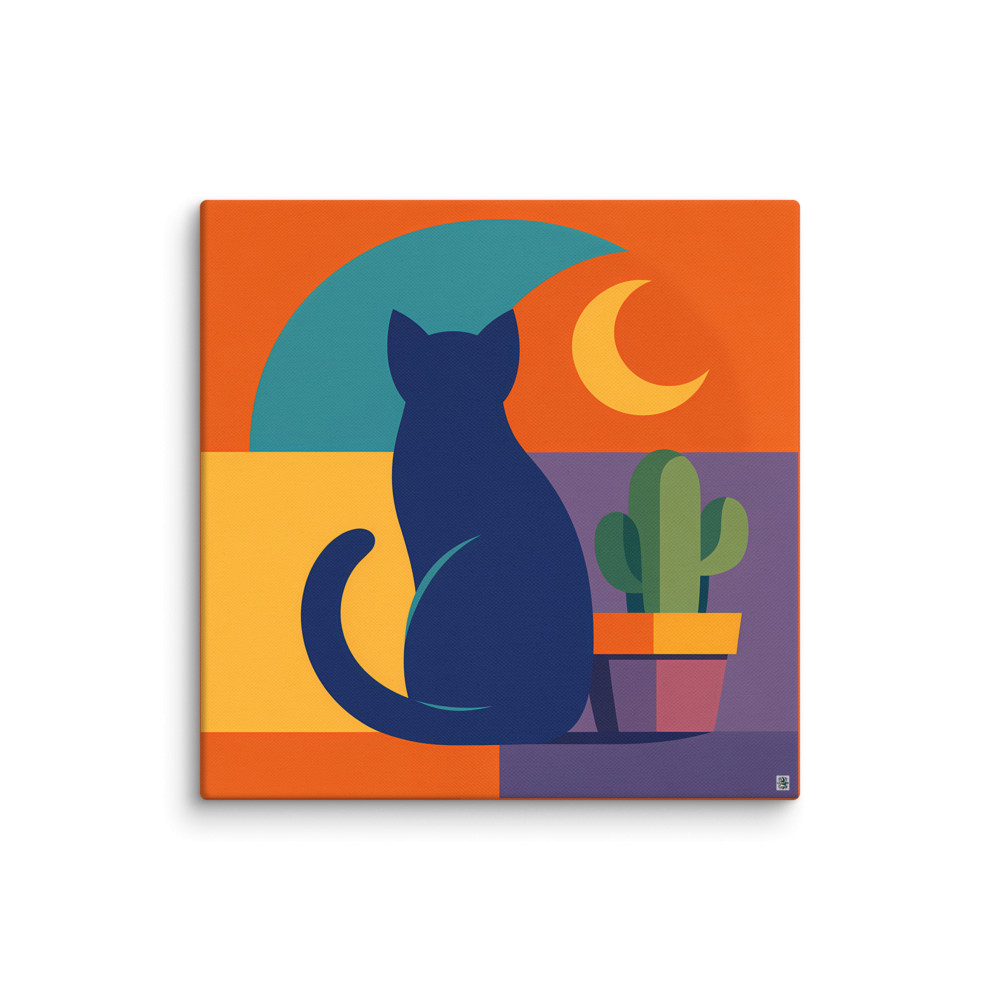 Navy Cat with Cactus and Crescent Moon — Canvas Print