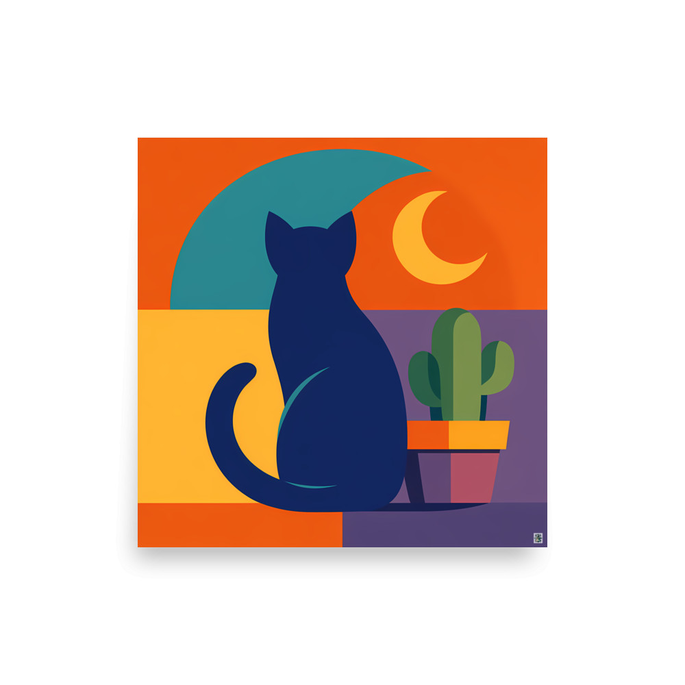 Navy Cat with Cactus and Crescent Moon — Art Print