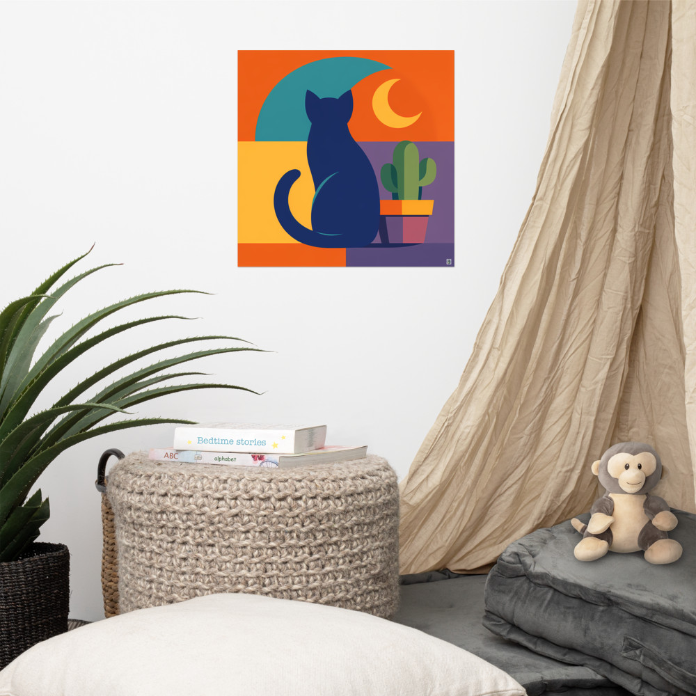 Navy Cat with Cactus and Crescent Moon