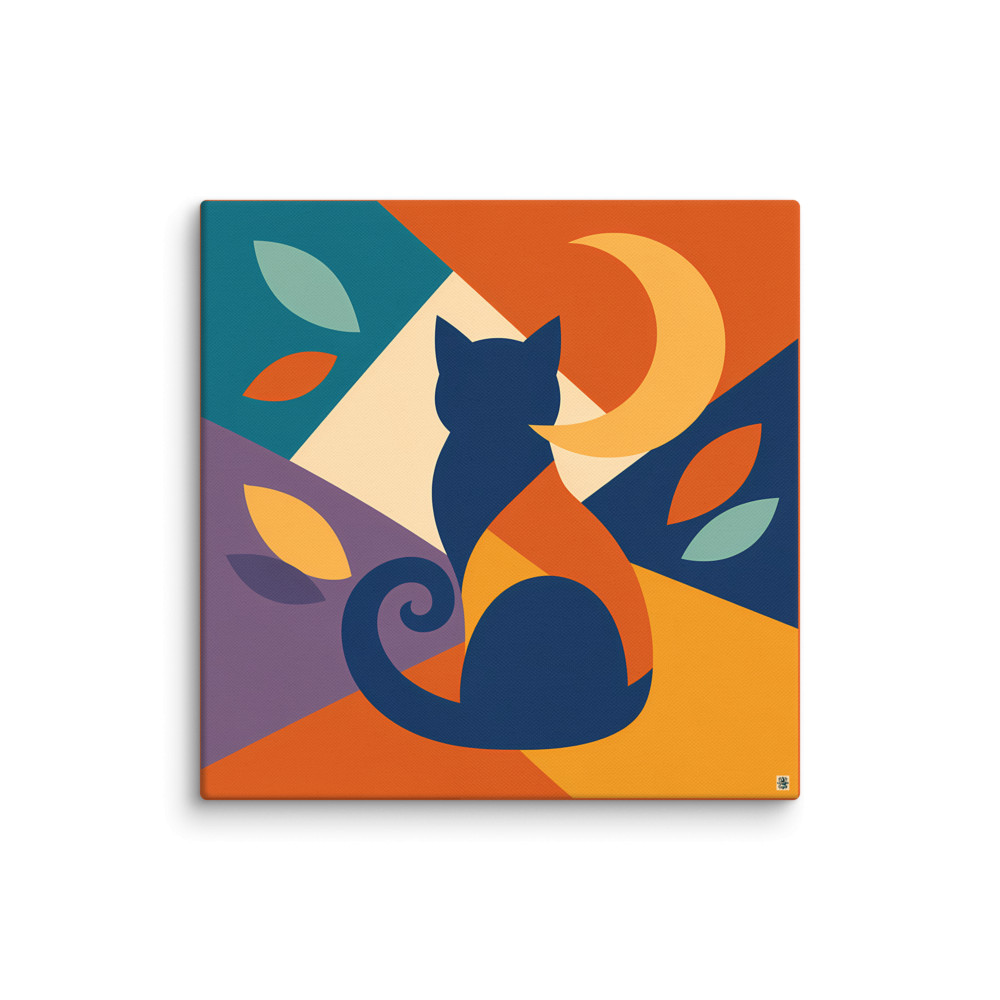 Colour Block Night Cat with Crescent Moon — Canvas Print