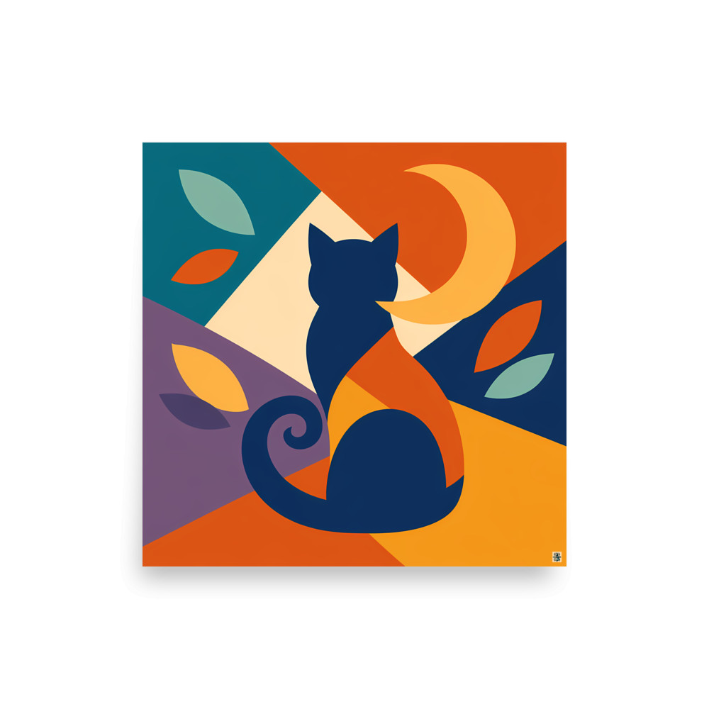 Colour Block Night Cat with Crescent Moon — Art Print