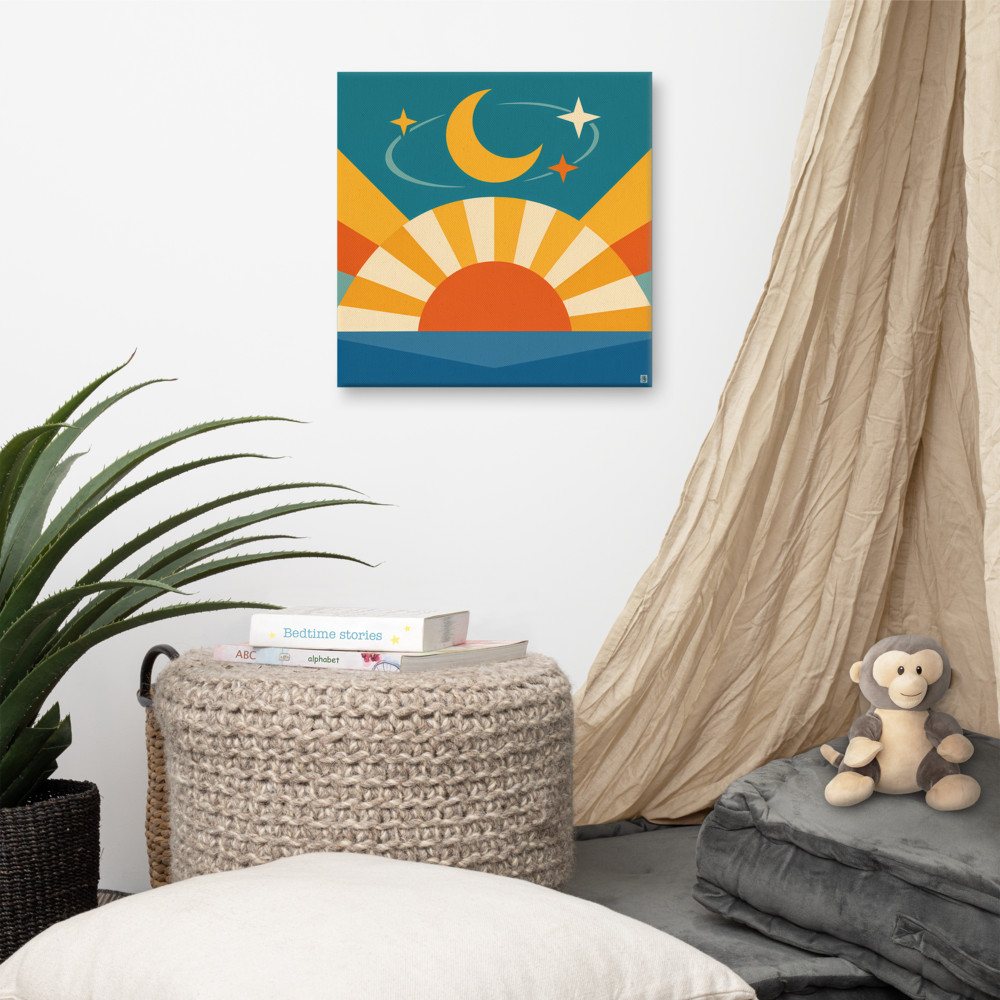 Sun and Moon Horizon with Stars and Rays — Canvas Print