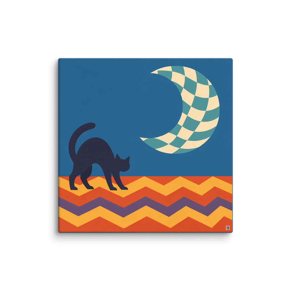 Black Cat Under Checkered Crescent Moon — Canvas Print