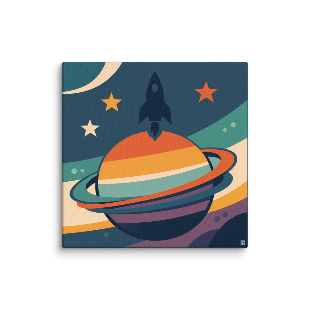 Retro Futuristic Rocket Over Ringed Planet — Canvas Print