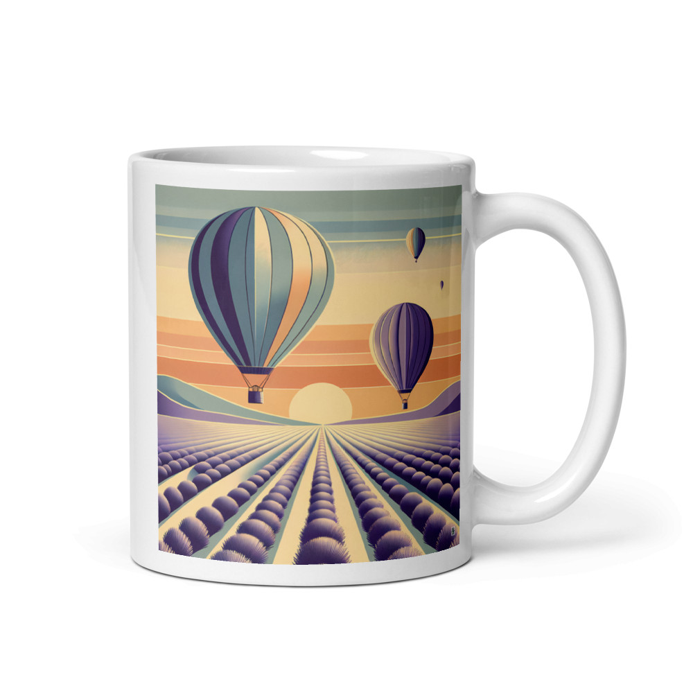 Retro Hot Air Balloons Over Lavender Fields at Sunset