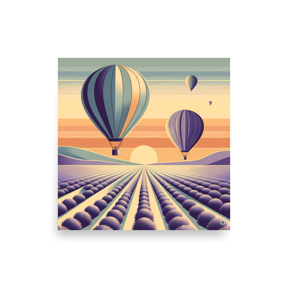 Retro Hot Air Balloons Over Lavender Fields at Sunset — Art Print