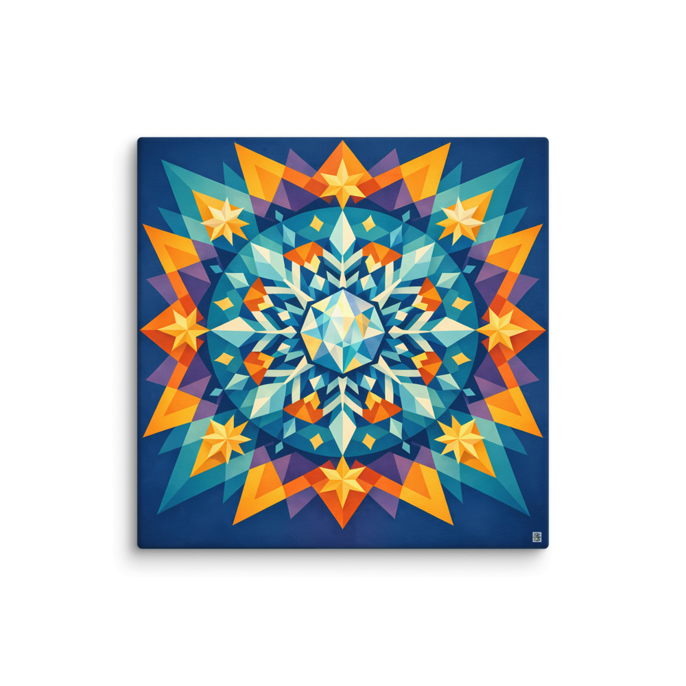 Geometric Snowflake Mandala in Teal and Gold — Canvas Print