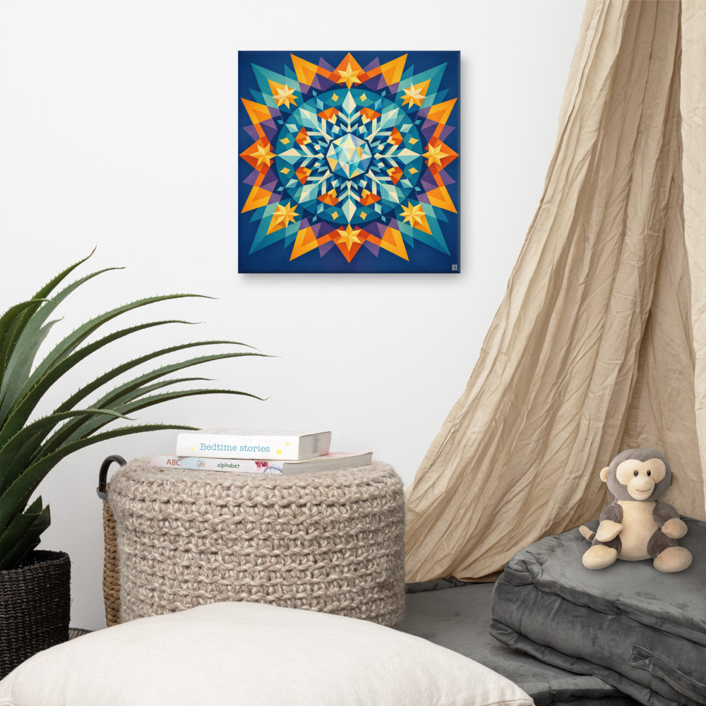 Geometric Snowflake Mandala in Teal and Gold — Canvas Print