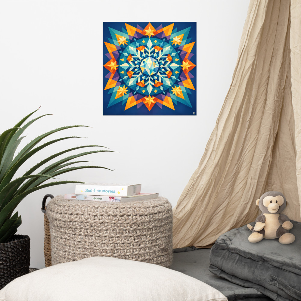 Geometric Snowflake Mandala in Teal and Gold — Art Print