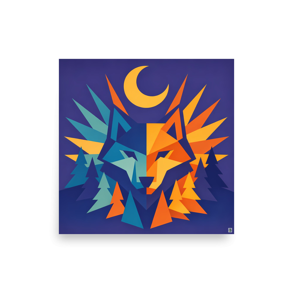 Geometric Wolf Totem with Moonlit Forest — Art Print