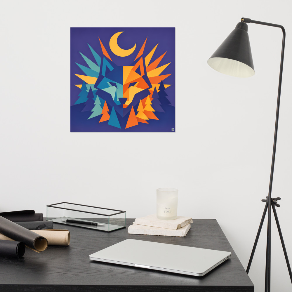 Geometric Wolf Totem with Moonlit Forest