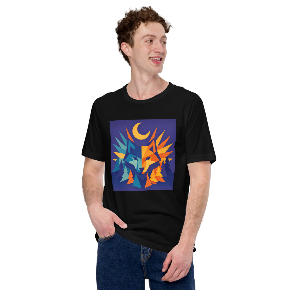 Geometric Wolf Totem with Moonlit Forest
