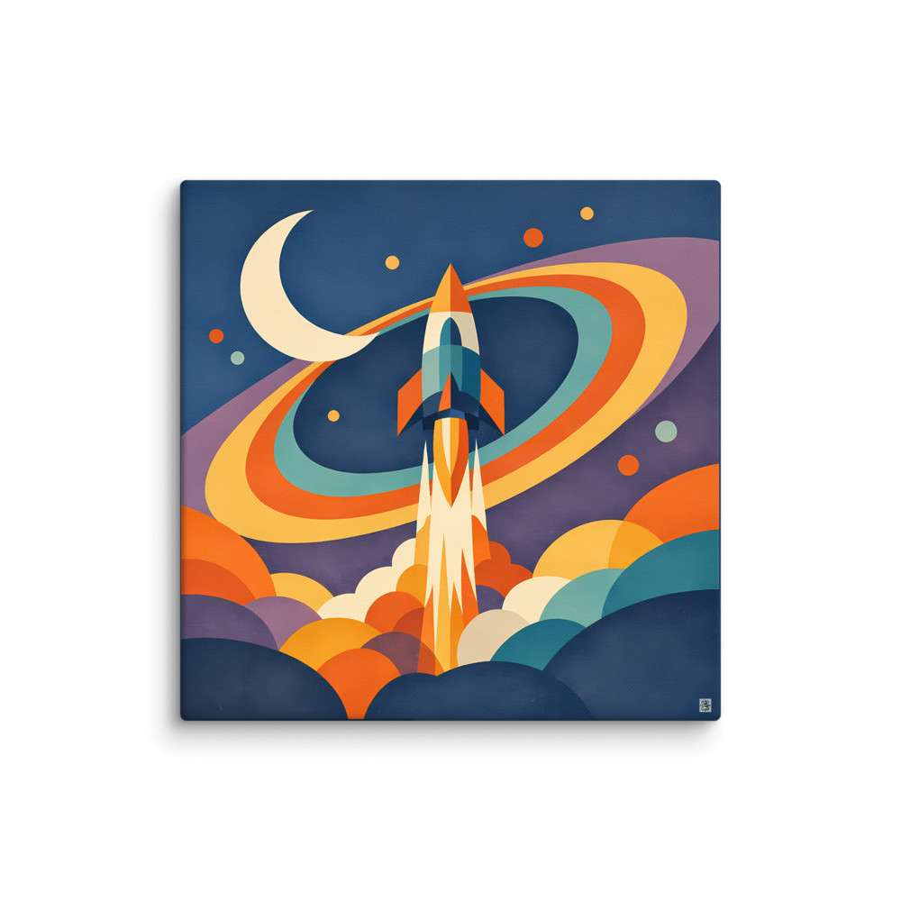 Retro Rocket Launch with Gradient Space Rings — Canvas Print