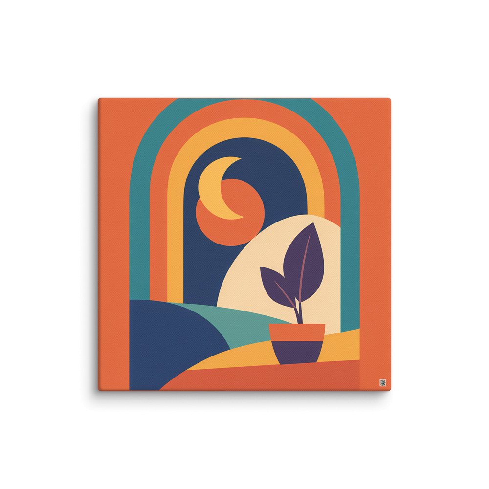 Minimal Arch Plant Scene with Crescent Moon — Canvas Print