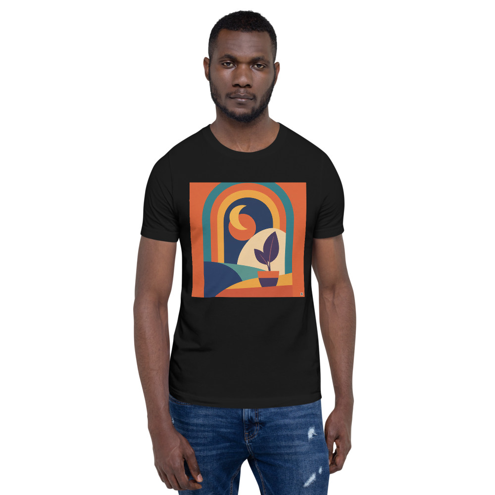 Minimal Arch Plant Scene with Crescent Moon — T-Shirt