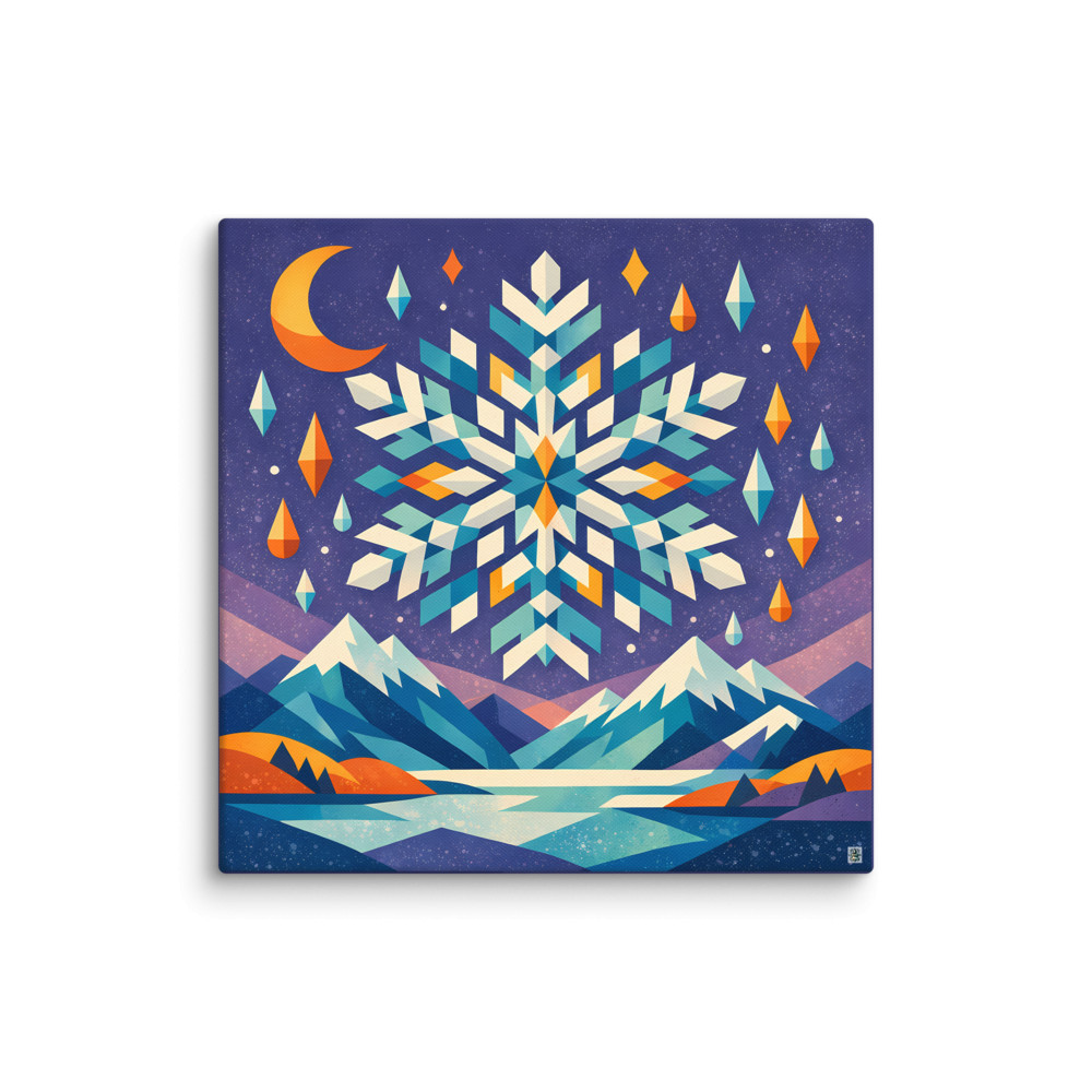 Geometric Snowflake over Alpine Winter Lake — Canvas Print
