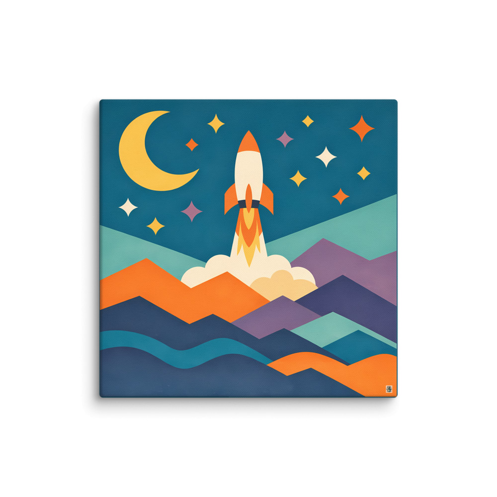 Retro Rocket Launch Over Geometric Mountains — Canvas Print
