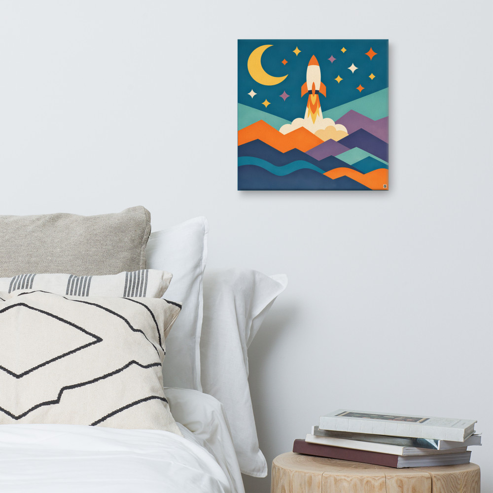 Retro Rocket Launch Over Geometric Mountains — Canvas Print