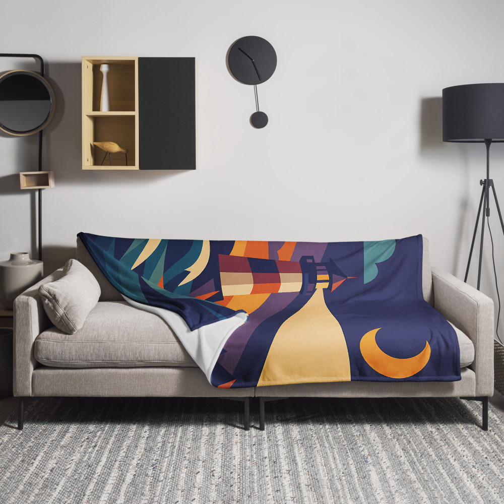 Geometric Lighthouse Under a Crescent Moon — Throw Blanket