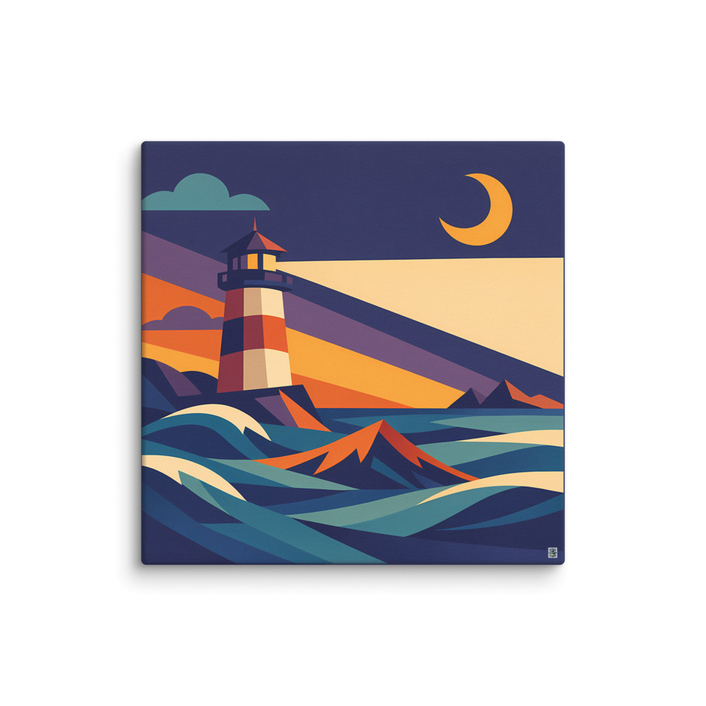 Geometric Lighthouse Under a Crescent Moon — Canvas Print