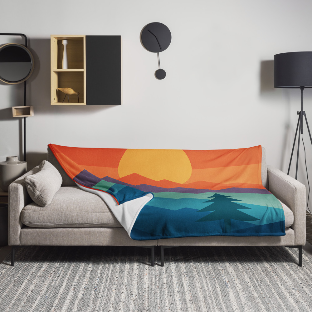 Geometric Mountain Sunset with Pine Silhouette — Throw Blanket