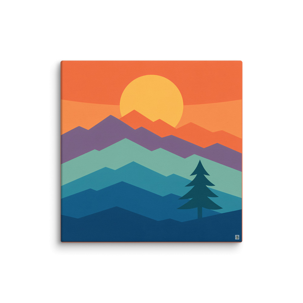 Geometric Mountain Sunset with Pine Silhouette — Canvas Print