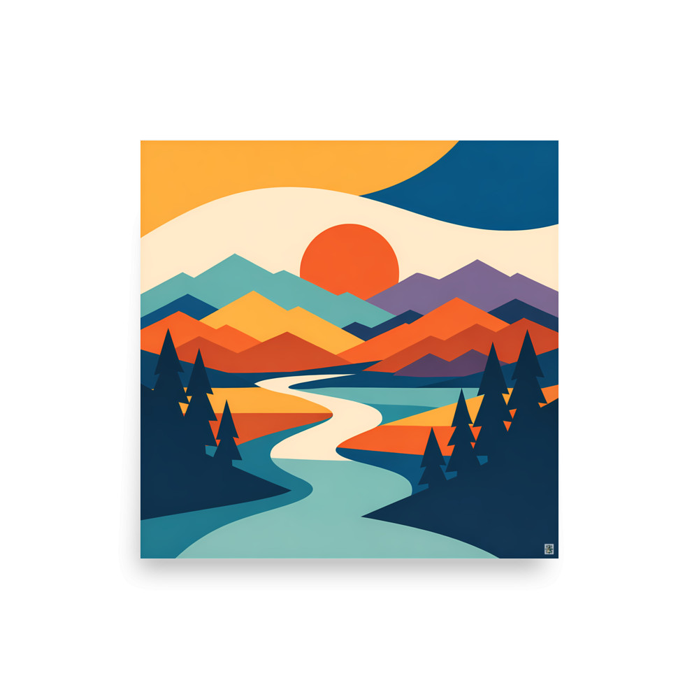 Geometric Mountain River Sunset — Art Print