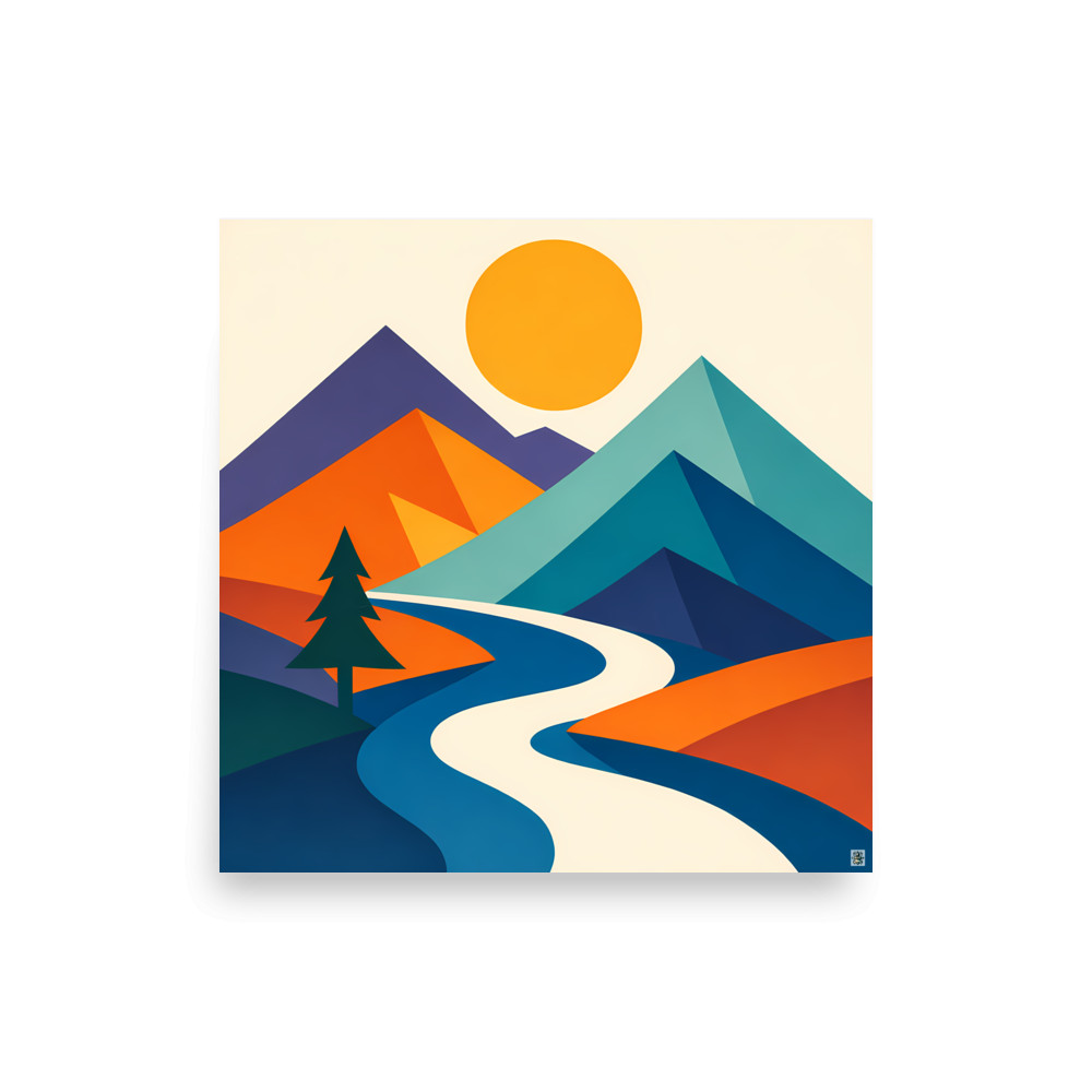 Geometric Mountain River at Sunset — Art Print