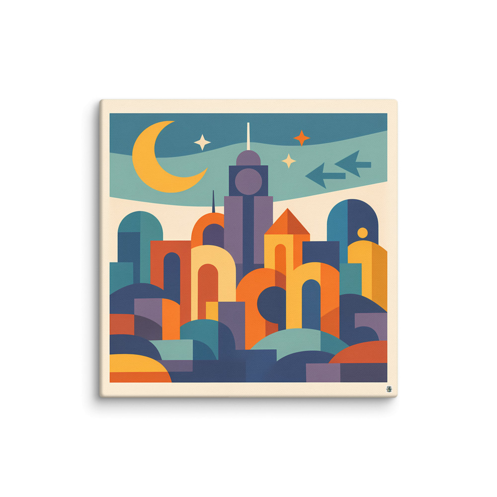 Moonlit Geometric City of Arches and Stars — Canvas Print