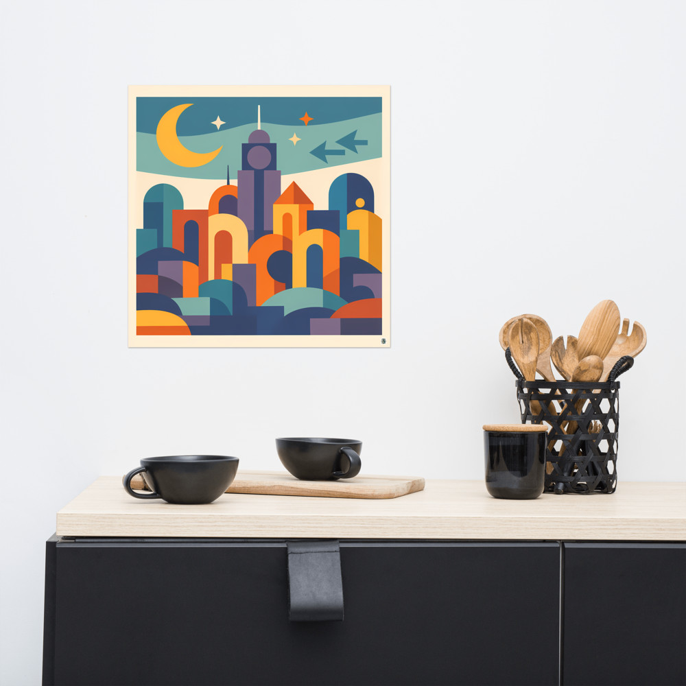 Moonlit Geometric City of Arches and Stars — Art Print