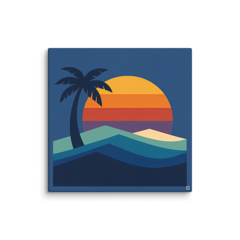 Tropical Palm Sunset Over Retro Waves — Canvas Print