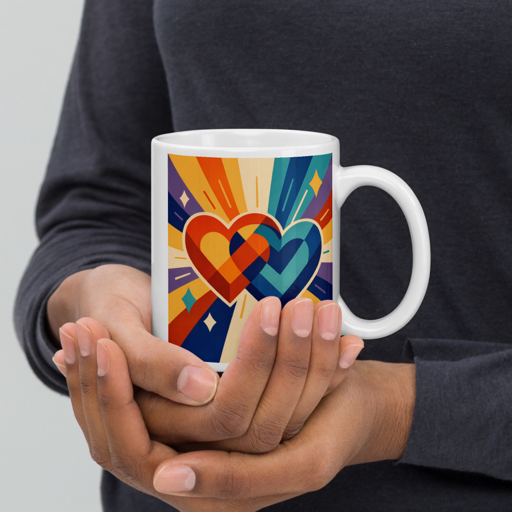 Overlapping Geometric Hearts with Radiant Rays — Mug
