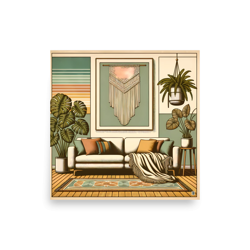 Mid Century Modern Boho Lounge with Houseplants — Art Print