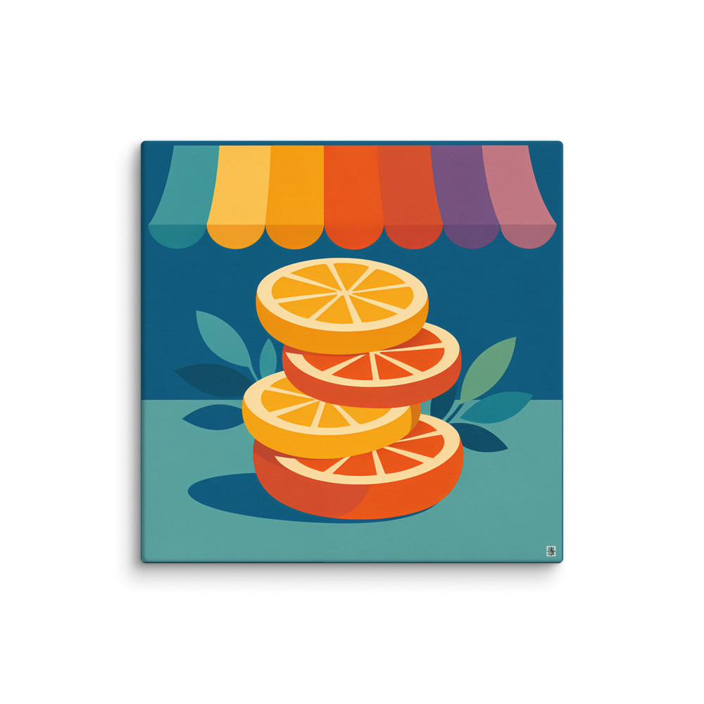 Stacked Citrus Slices Under Colourful Market Awning — Canvas Print