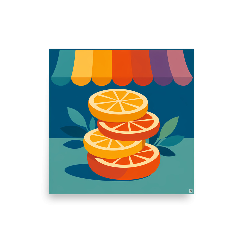 Stacked Citrus Slices Under Colourful Market Awning — Art Print