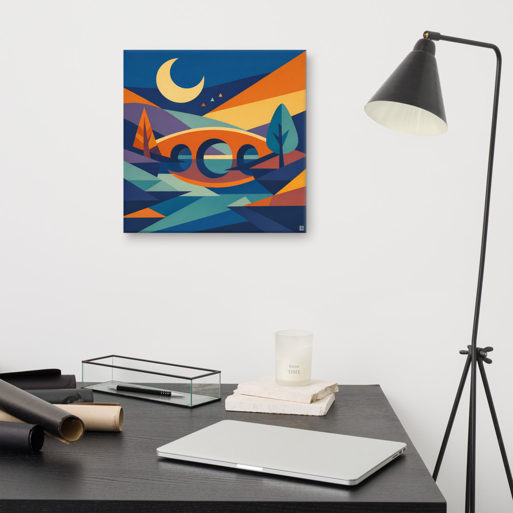 Geometric Crescent Moon Bridge Landscape — Canvas Print