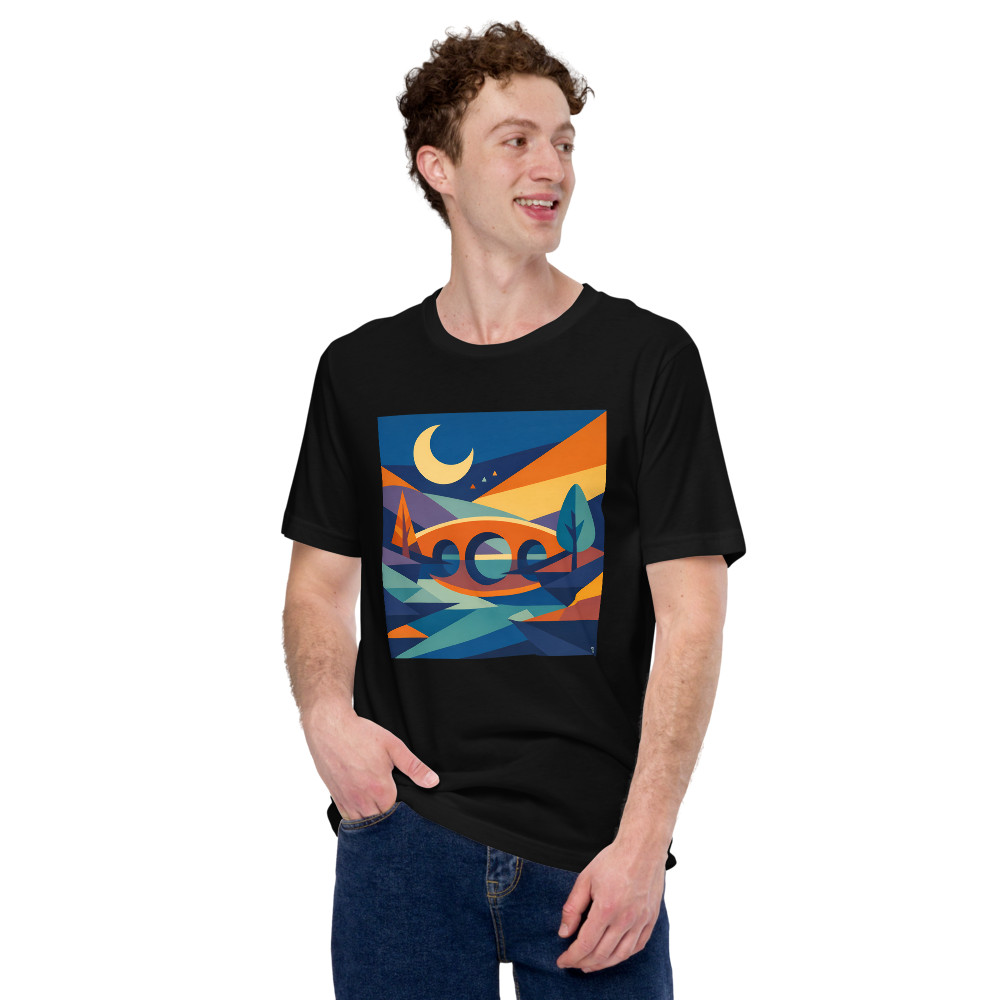 Geometric Crescent Moon Bridge Landscape — T-Shirt