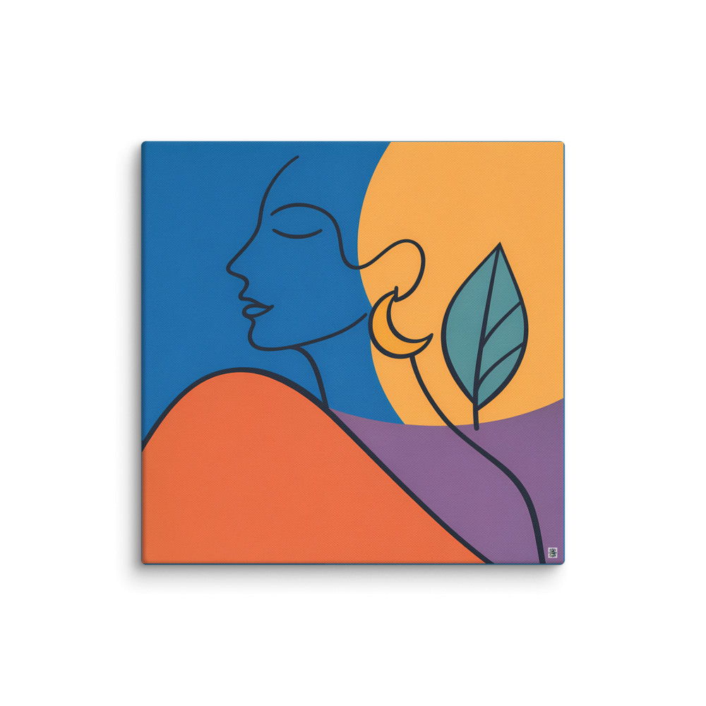 Minimal Line Face with Sun and Leaf — Canvas Print
