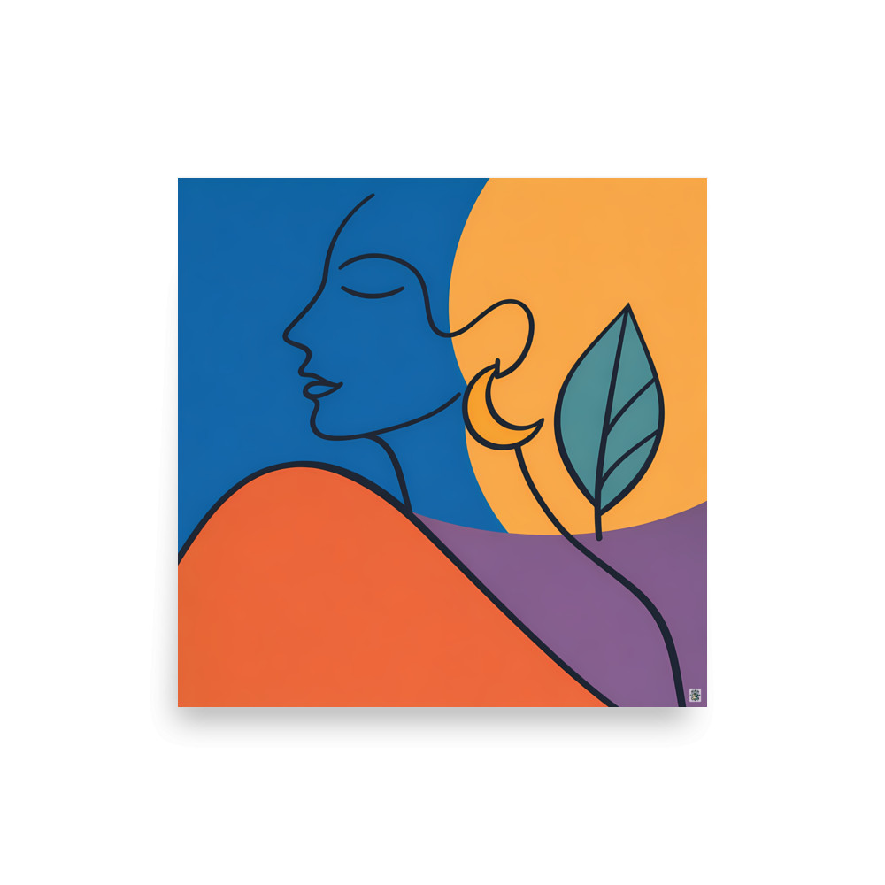 Minimal Line Face with Sun and Leaf — Art Print