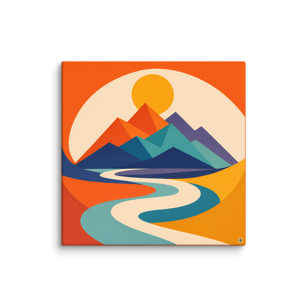Minimal Geometric Mountains with Winding River — Canvas Print